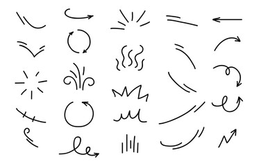 Movement motion lines and arrow curves for cartoon effect, vector icons. Abstract symbols of wind blow, fire or wave motion lines of wavy, circle round or spiral doodle scribble of sun shine