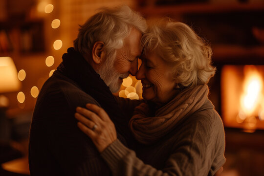 An older couple dances close, eyes closed, in the warm glow of their living room, lost in a lifetime of shared moments. A tender portrait of enduring love and modern aging.