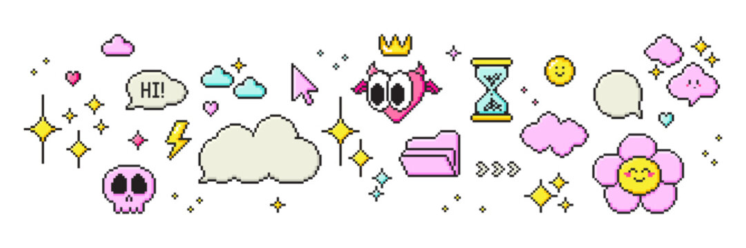 Set of pixel art speech bubbles, stars, heart and cloud shapes. Retro game style dialogue box and elements. Modern vector illustration.