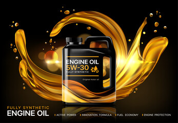 Realistic car engine motor oil bottle with liquid splash, vector background. Engine oil or automotive lubricant advertising with 3D splashing golden oil flow and drop splatters in liquid wave - obrazy, fototapety, plakaty