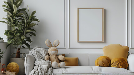 a bright children room with a simple blank wall and one empty picture frame with white background - obrazy, fototapety, plakaty