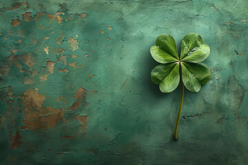 Four-leaf green clover for good luck on St. Patrick's Day, bright green background, holiday concept of spring, plant clover symbol.