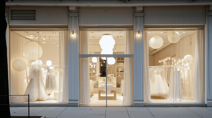 A designer bridal boutique with a romantic, ivory facade and soft, glowing lanterns 