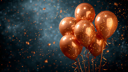 balloons with ribbons and confetti on black background
 - obrazy, fototapety, plakaty