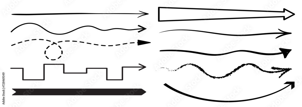 Poster Straight long arrows isolated vector set. Monochrome pointing signs, curve, wavy, dotted and grungy pointers or cursors, creating a dynamic visual impact for direction and movement