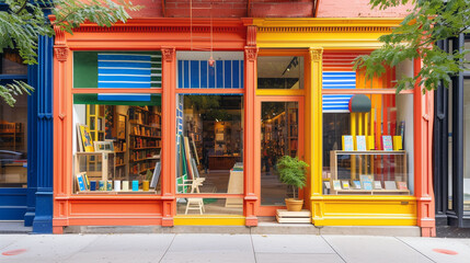 A high-end art supply store with a vibrant, colorful facade and a display of premium materials 