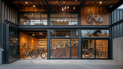 A high-end bicycle shop with a modern, industrial facade and custom bike displays 