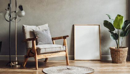 Fototapeta na wymiar Canvas mockup in minimalist interior background with armchair and rustic decor, 3d render