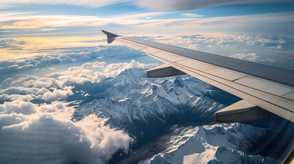 Airplane window. View of clouds and wing. Concept of flight and travel by plane