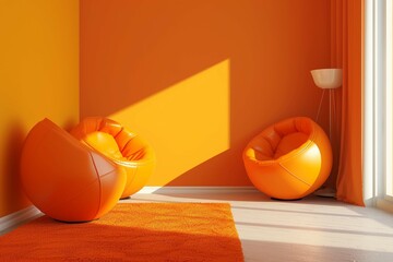 Retro style interior design of orange living room with ball chairs.