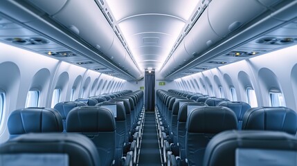 Airplane cabin and aisle with empty comfortable seats in economy class inside of plane