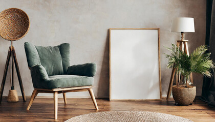 Canvas mockup in minimalist interior background with armchair and rustic decor, 3d render