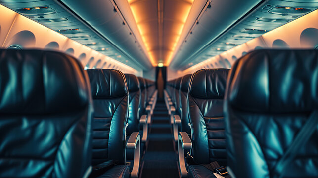 Airplane cabin and aisle with empty comfortable seats in economy class inside of plane
