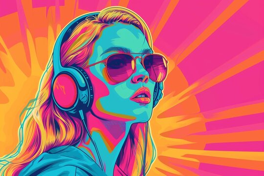 Pop art retro style pretty blonde young woman wearing headphones and sunglasses on vibrant colorful background.
