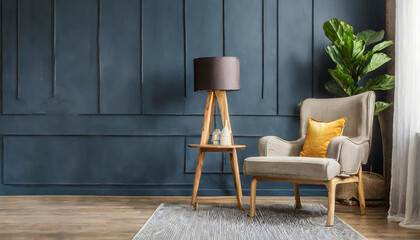 Chair with lamp and coffee table in living room interior, dark blue wall mock up background,