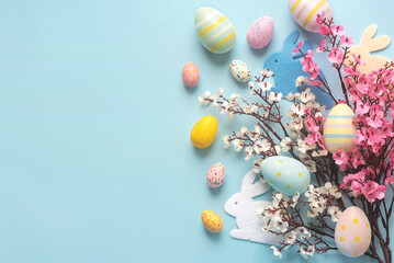 Happy Easter. Colorful easter painted eggs and pink and white almond blossoms with copy space for...