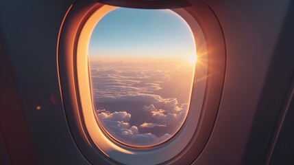 Airplane window. View of horizon and clouds. Flight travel concept