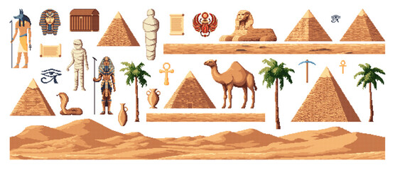 Retro 8 bit pixel art Egypt arcade game assets, pyramids and gods, vector elements. Egypt mummy and sand, palms and sphinx with scarab and cobra or Ancient Egyptian symbols for 8bit arcade video game - obrazy, fototapety, plakaty
