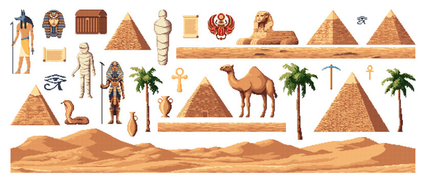 Retro 8 bit pixel art Egypt arcade game assets, pyramids and gods, vector elements. Egypt mummy and sand, palms and sphinx with scarab and cobra or Ancient Egyptian symbols for 8bit arcade video game