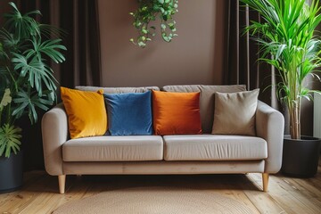 Scandinavian home interior design of modern living room. Cozy sofa with multicolored pillow and houseplants against brown wall.