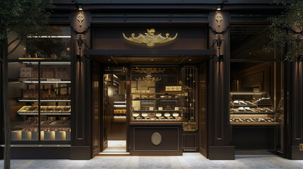 A high-end gourmet chocolate shop with a decadent, brown facade and gold leaf detailing 