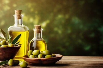 Obraz na płótnie Canvas olive oil glass bottle with green olives and leaves background with copy space 