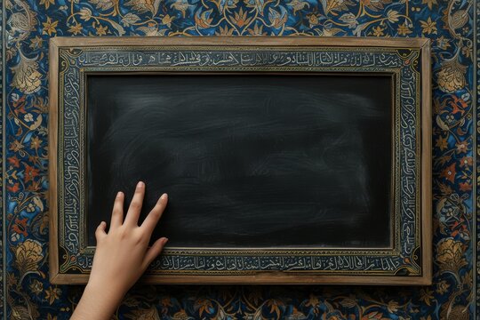 a hand pointing towards an empty chalkboard that is mounted on a highly decorative wall