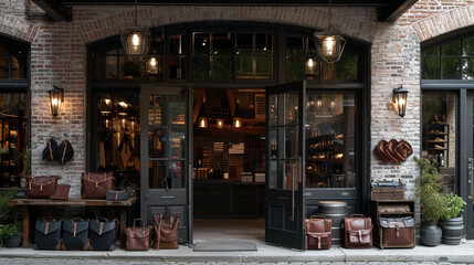A high-end leather goods store with a rustic, brick facade and vintage-style lanterns  - obrazy, fototapety, plakaty