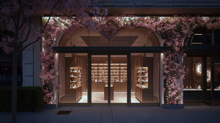 A high-end perfume shop with a delicate, floral-patterned exterior and soft, ambient lighting 