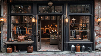 A high-end leather goods store with a rustic, brick facade and vintage-style lanterns 