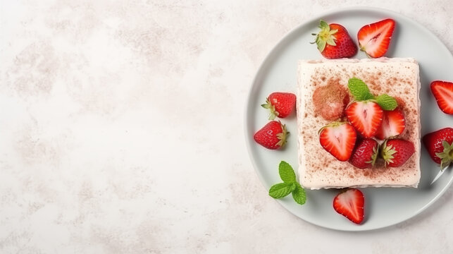 Fresh Strawberry Tiramisu on White Background