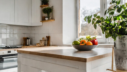 Close view on bright kitchen room interior with white wall ,