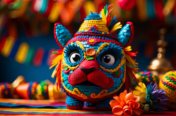 Fototapeta na wymiar Festive Cinco De Mayo Toy puppet Cat: Colorful Portrait with Copy Space Against Isolated Background