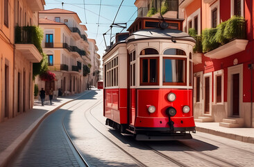 Fototapeta premium Tourist vintage red tram on the street on a sunny day, narrow streets, winding road, vacation, travel, tourism. Made with the help of artificial intelligence. High quality photos