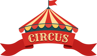 Retro tent circus sign and vintage carnival signboard with colorful marquee, red ribbon and whimsical font beckons with nostalgia, promising lively funfair atmosphere filled with excitement and wonder © Vector Tradition