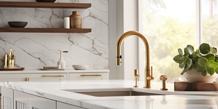 White cabinets, gold faucet, white marble countertops, and brown picket ceramic tile backsplash create a stunning kitchen faucet detail.