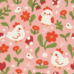 Cute vector seamless pattern with chicken and floral elements. Cartoon beautiful background.
