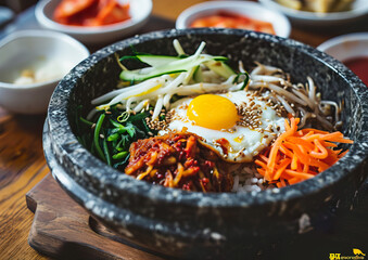 Bibimbap, traditional Korean dish, angle view, ultra realistic food photography