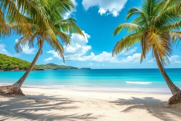 Sunny tropical Caribbean beach with palm trees and turquoise water, Caribbean island vacation, hot...
