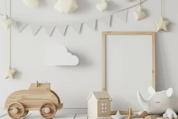 Foto op Aluminium The modern Scandinavian newborn baby room with mock up photo frame, wooden car, plush rhino and clouds. Hanging cotton flags and white stars. Minimalistic and cozy interior with white walls.Real phot © Areesha