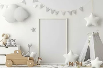 Gordijnen The modern Scandinavian newborn baby room with mock up photo frame, wooden car, plush rhino and clouds. Hanging cotton flags and white stars. Minimalistic and cozy interior with white walls.Real phot © Areesha