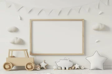 Deurstickers The modern Scandinavian newborn baby room with mock up photo frame, wooden car, plush rhino and clouds. Hanging cotton flags and white stars. Minimalistic and cozy interior with white walls.Real phot © Areesha