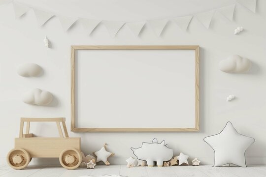 The modern Scandinavian newborn baby room with mock up photo frame, wooden car, plush rhino and clouds. Hanging cotton flags and white stars. Minimalistic and cozy interior with white walls.Real phot