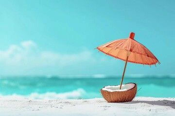 Tropical beach concept made of coconut fruit and sun umbrella. Creative minimal summer idea.