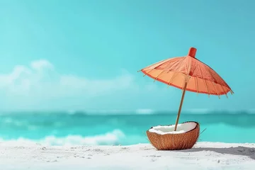 Photo sur Aluminium Turquoise Tropical beach concept made of coconut fruit and sun umbrella. Creative minimal summer idea.