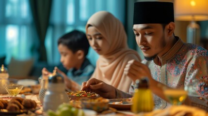 Muslim man praying while eating with his family during Ramadan at home.