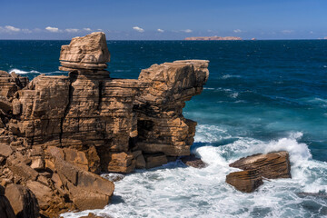 Rock formations in the site of geological interest of the cliffs of the Peniche peninsula,...