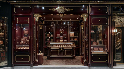 A luxury leather goods store with a rich, burgundy facade and elegant, gold trimmings  - obrazy, fototapety, plakaty