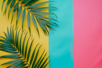Fototapeta na wymiar Tropical bright colorful background with exotic painted tropical palm leaves. Minimal fashion summer concept. Flat lay.