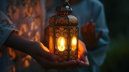 Decorative Arabic lantern with burning candle glowing in hand.